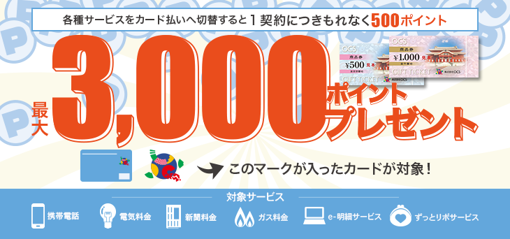 【最大3000ポイント】各種料金をカード払い切替＆各サービスのご登録で！